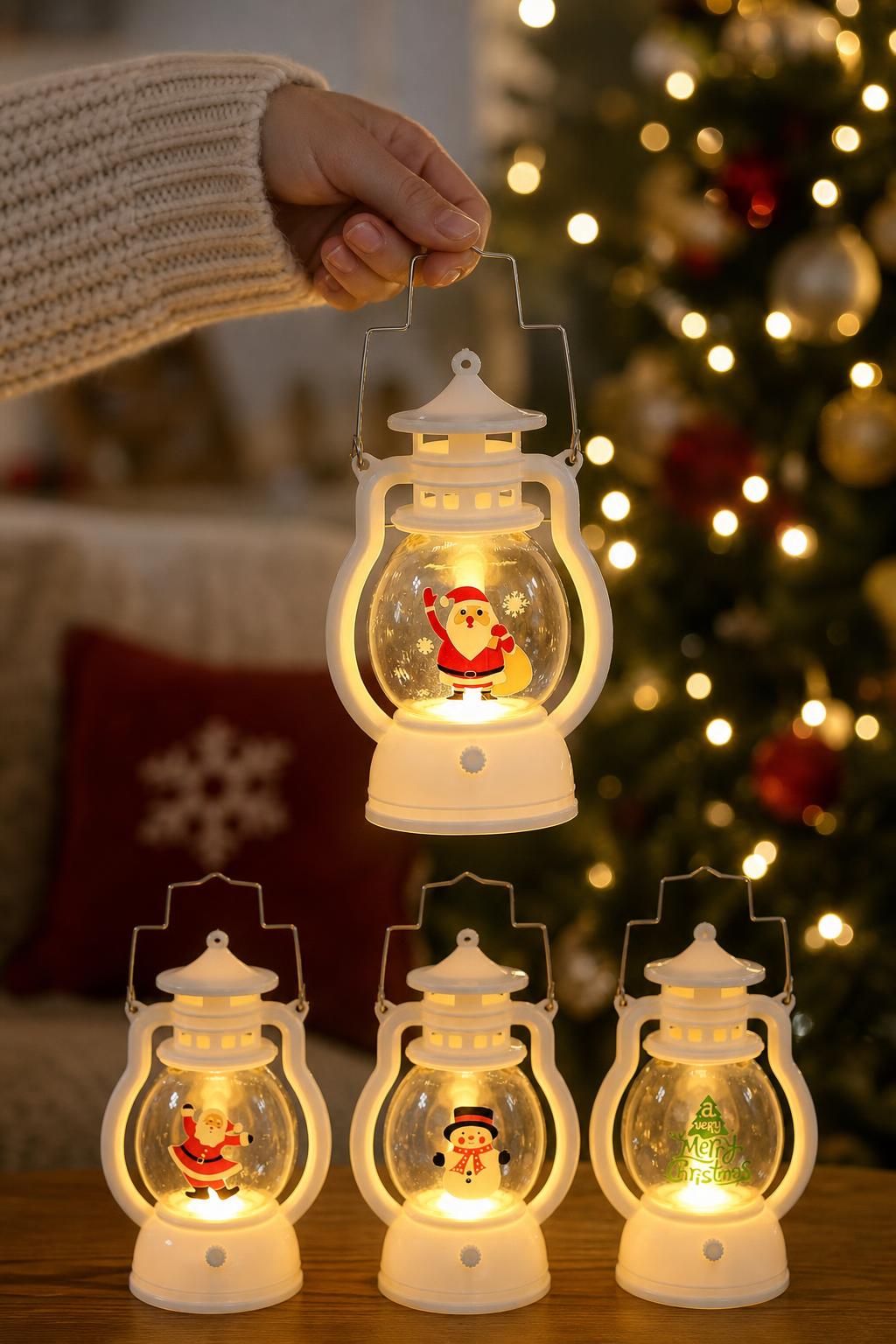 Hand holding a portable LED Christmas lantern